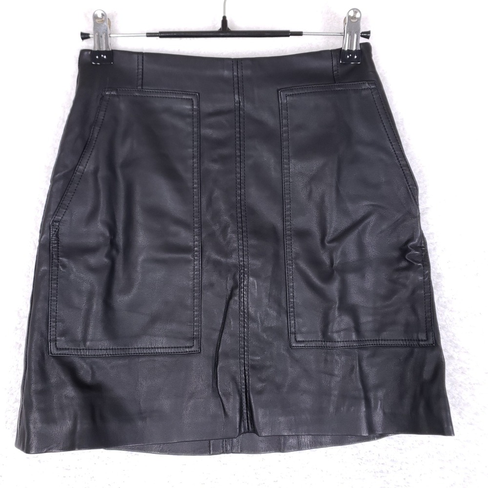 HM Faux Leather Mini Skirt Womens 4 Utility Patch Pocket‎ Black High Waisted